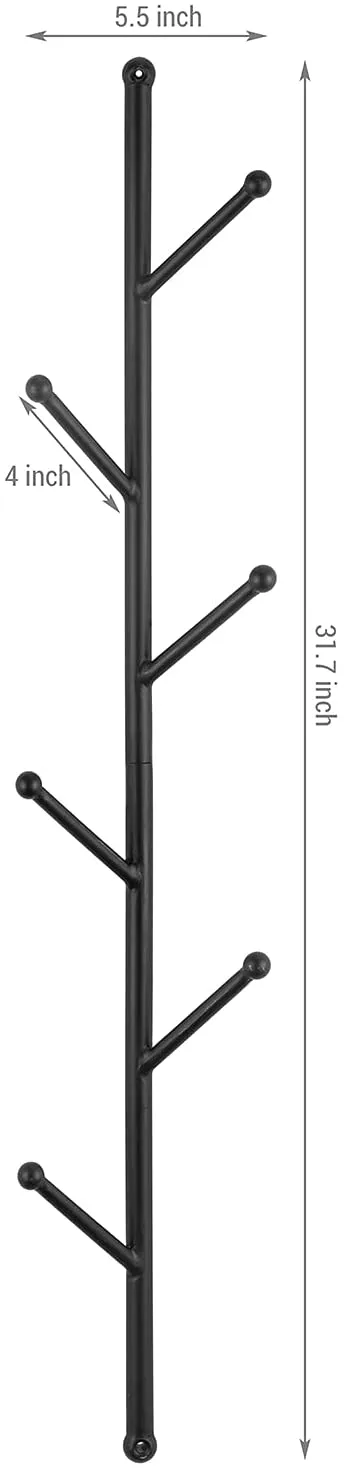 6-Hook Matte Black Metal Wall Mounted Vertical Coat and Hat Tree Rack