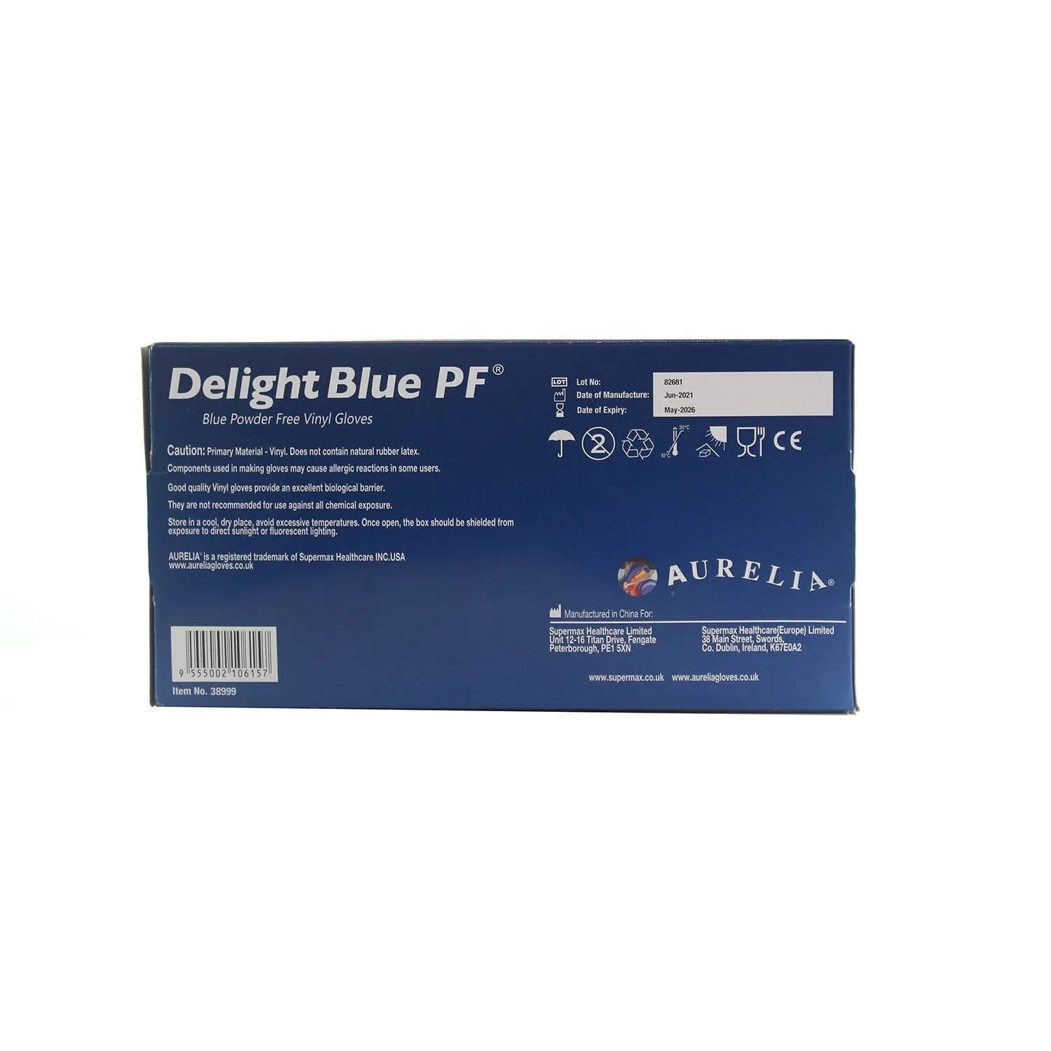 Aurelia Delight Blue PF Vinyl Powder free examination gloves - Medium (Box of 100)