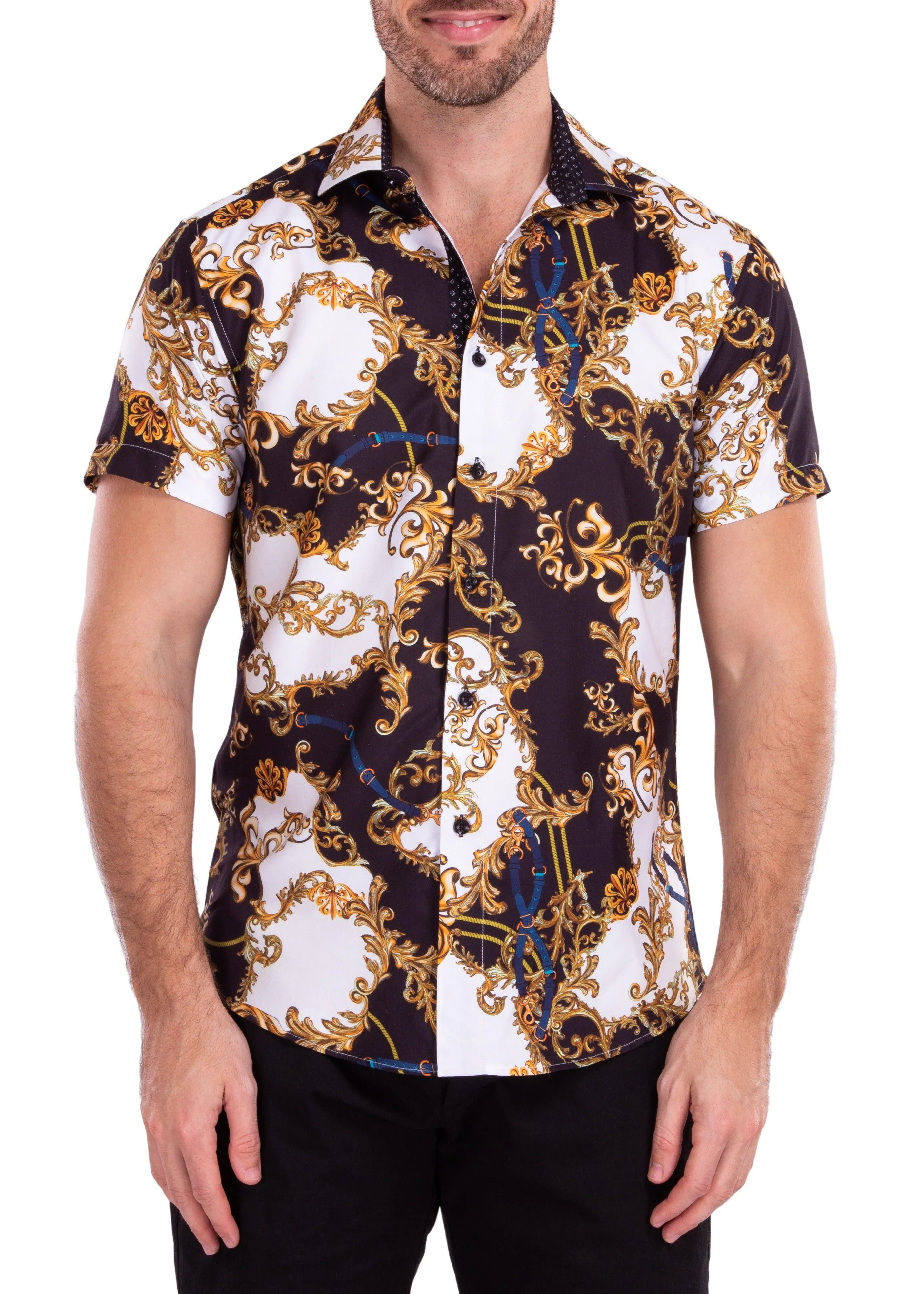 Baroque Motif Contrast Print Short Sleeve Dress Shirt Black