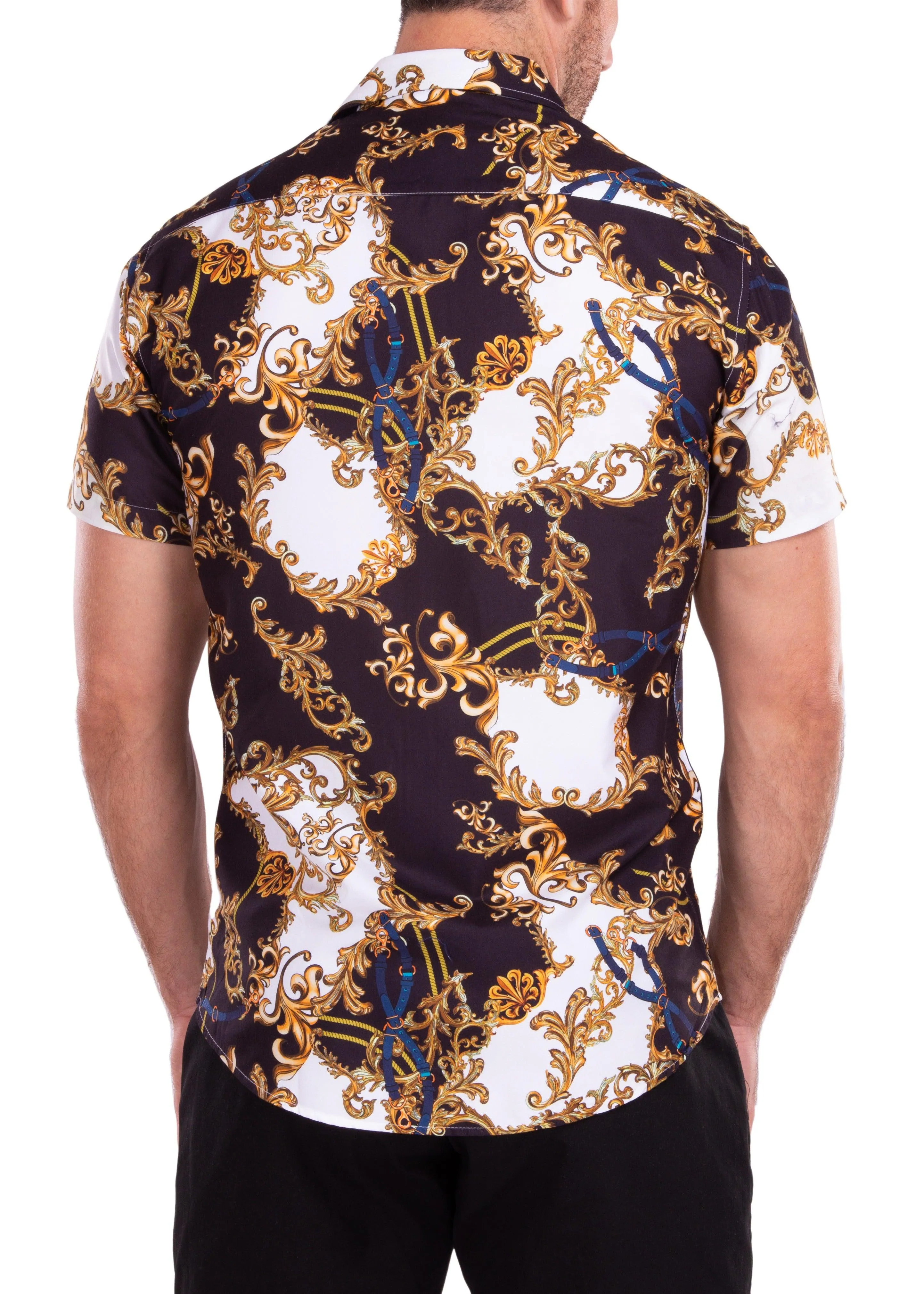 Baroque Motif Contrast Print Short Sleeve Dress Shirt Black