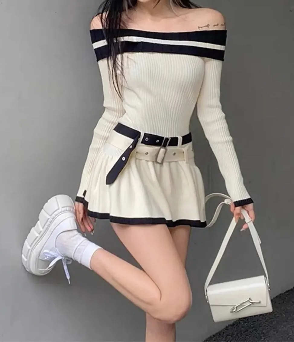 Flytonn- Off Shoulder Double Belt Knit Dress