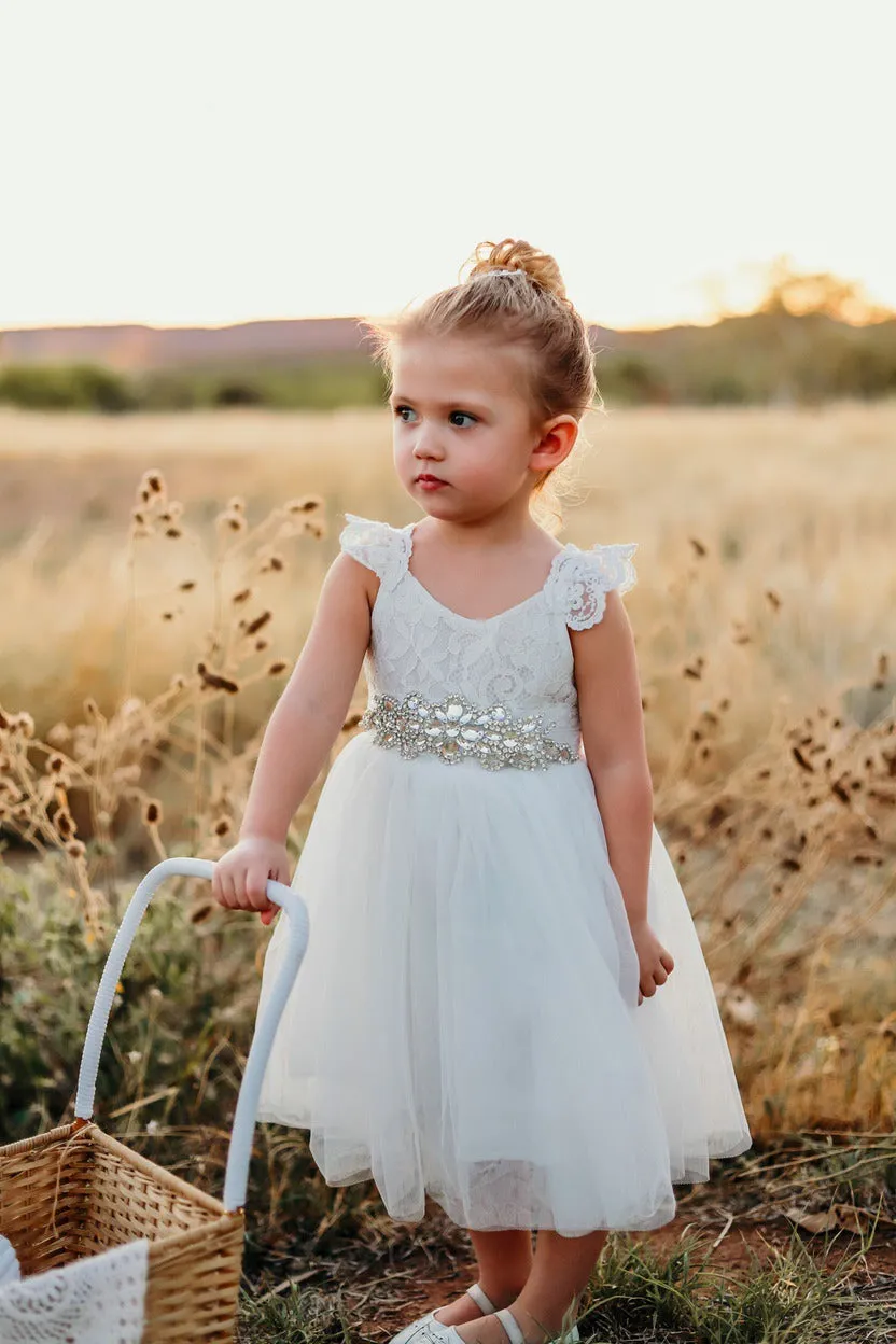 Girls Diamante Sash Belt - White