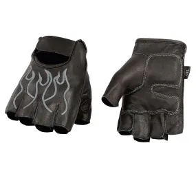 Grey Flame SH198 Men's Black Leather Gel Padded Palm Fingerless Motorcycle Hand Gloves W/ ‘Grey Flame Embroidered’