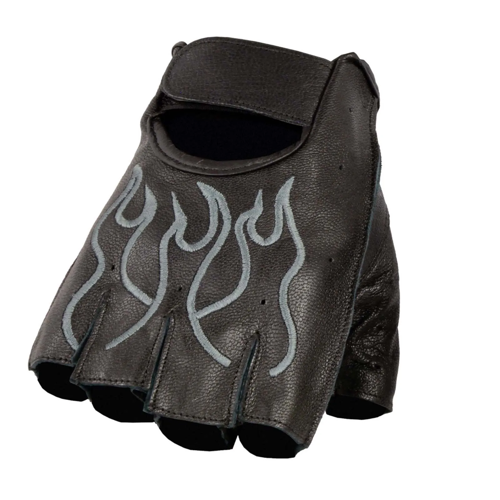 Grey Flame SH198 Men's Black Leather Gel Padded Palm Fingerless Motorcycle Hand Gloves W/ ‘Grey Flame Embroidered’