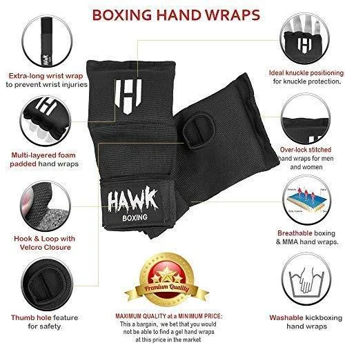 Hawk Padded Inner Gloves Training Gel Elastic Hand Wraps for Boxing Gloves Quick Wraps Men & Women Kickboxing Muay Thai MMA Bandages Fist Knuckle Wrist Wrap Protector Handwraps (Pair)