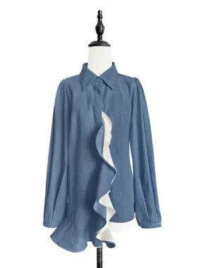 Surprise Sale! Chambray Blue Asymmetrical Ruffle Relaxed Overshirt