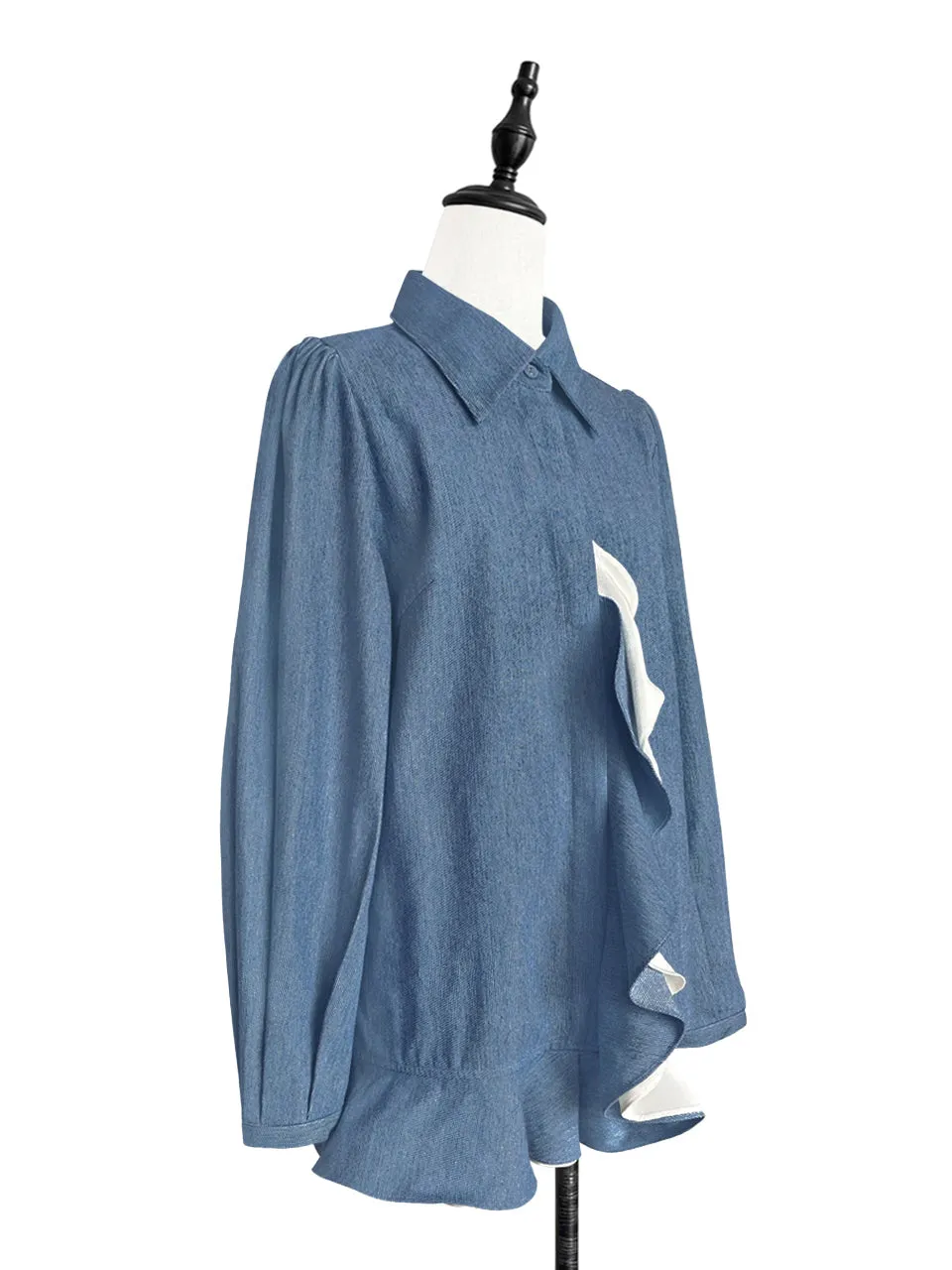 Surprise Sale! Chambray Blue Asymmetrical Ruffle Relaxed Overshirt