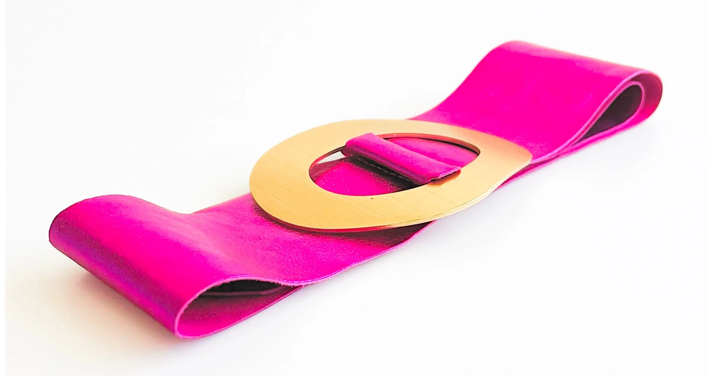 Wide Buckle Metallic Leather Suede Belt - Fuchsia