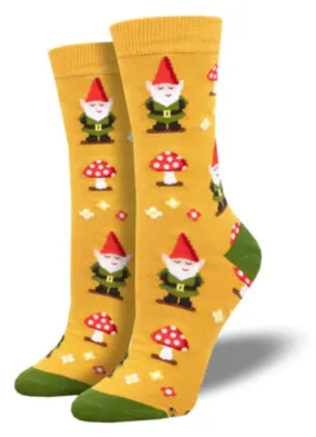 Women's Bamboo Gnome More Mushrooms Crew Sock -Gold